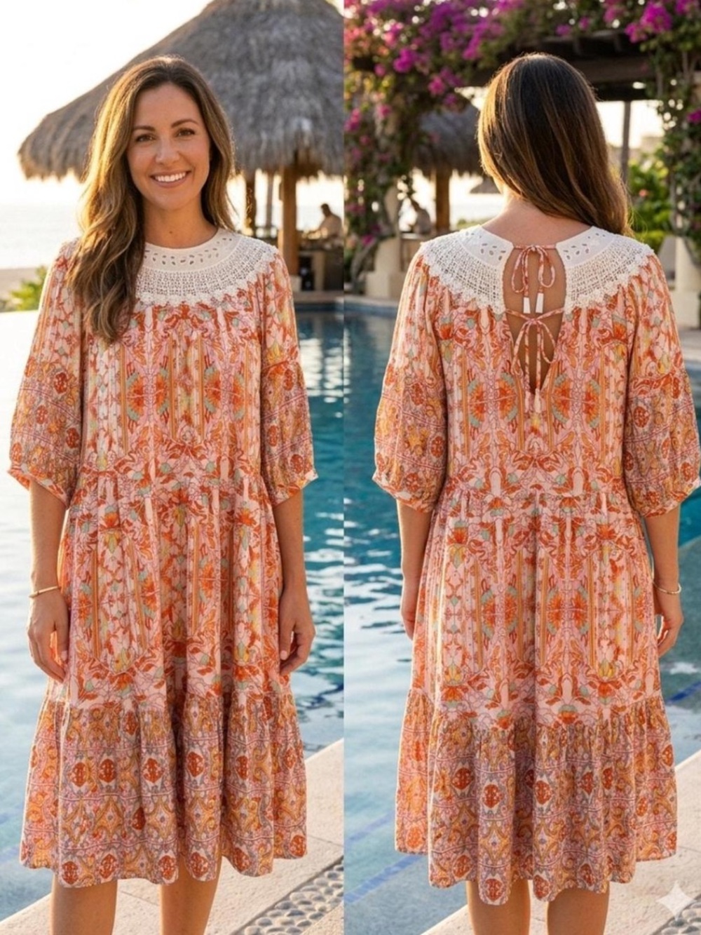 Anthropologie Women's Orange Floral Crochet-Yoke Midi Dress